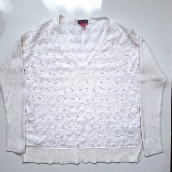 Vince Camuto White Cotton V-neck Distressed Look Sweater - Picture 2 of 7